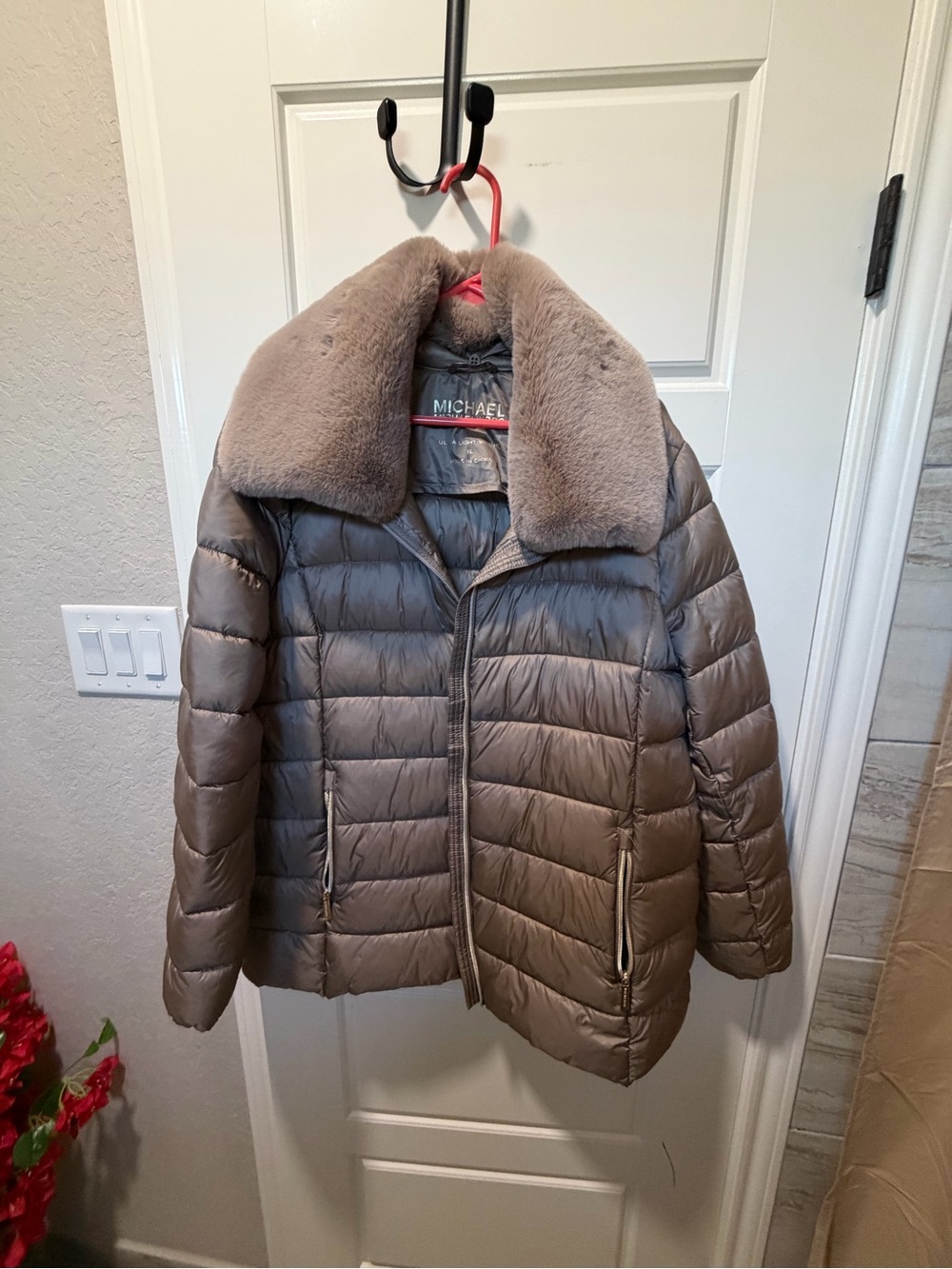 MICHAEL Michael Kors Taupe Quilted Puffer with Faux Fur Collar
